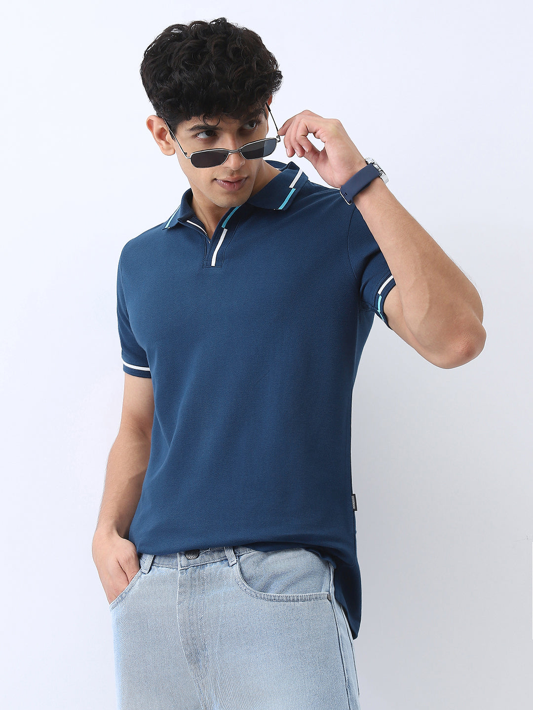 Men's Estate Blue Solid Regular Fit Half Sleeve Cotton Polo T-Shirt