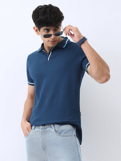 Men's Estate Blue Solid Regular Fit Half Sleeve Cotton Polo T-Shirt