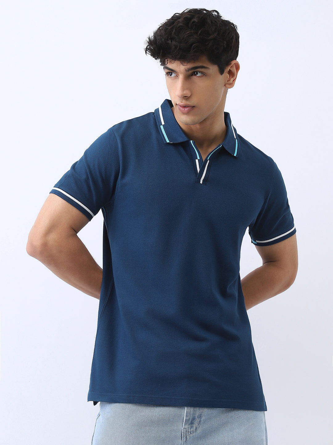 Men's Estate Blue Solid Regular Fit Half Sleeve Cotton Polo T-Shirt