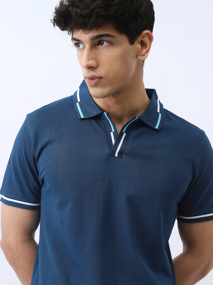 Men's Estate Blue Solid Regular Fit Half Sleeve Cotton Polo T-Shirt