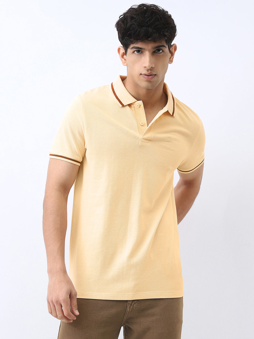Men's Light Beige Solid Regular Fit Half Sleeve Cotton Polo T-Shirt