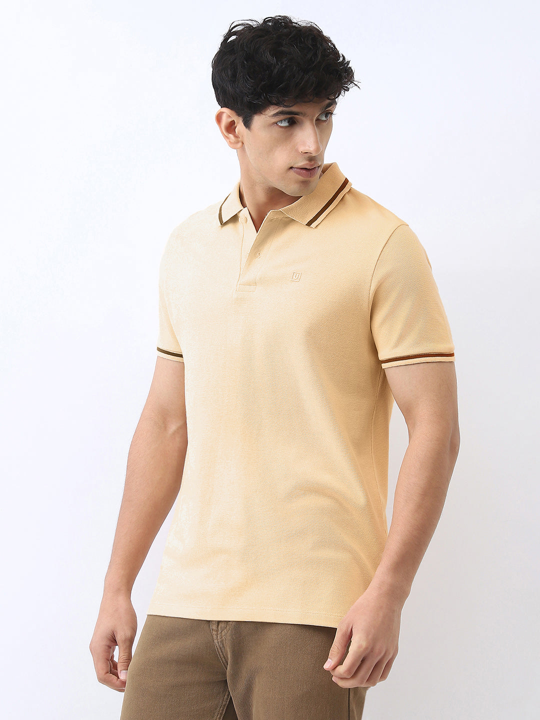 Men's Light Beige Solid Regular Fit Half Sleeve Cotton Polo T-Shirt