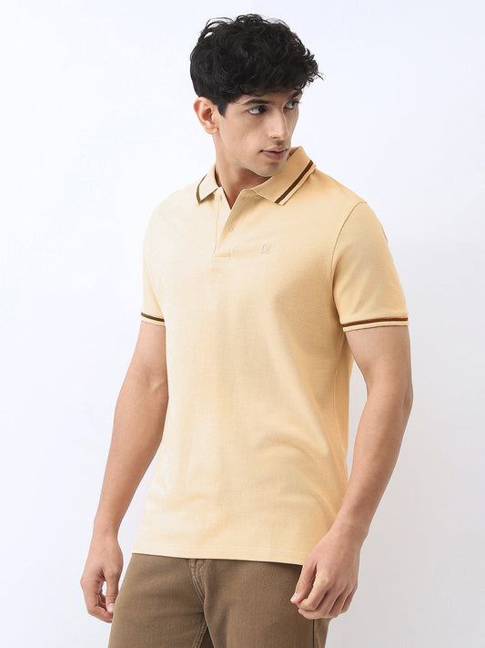 Men's Light Beige Solid Regular Fit Half Sleeve Cotton Polo T-Shirt
