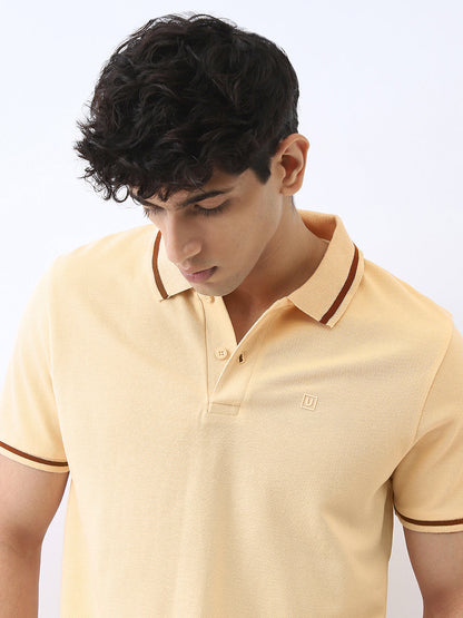 Men's Light Beige Solid Regular Fit Half Sleeve Cotton Polo T-Shirt
