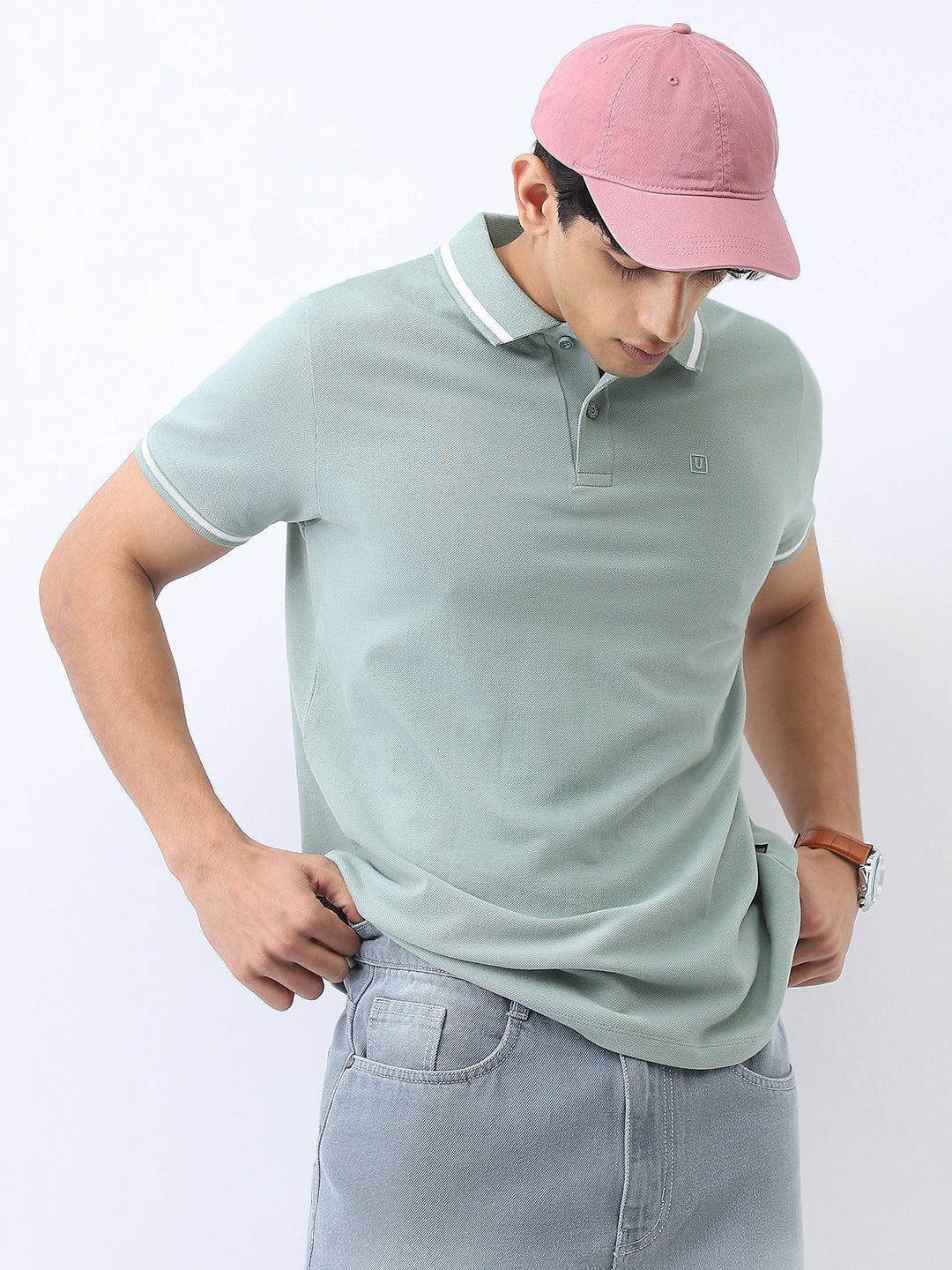Men's Granite Green Solid Regular Fit Half Sleeve Cotton Polo T-Shirt