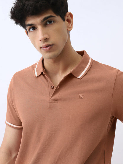 Men's Mocha Mousse Solid Regular Fit Half Sleeve Cotton Polo T-Shirt