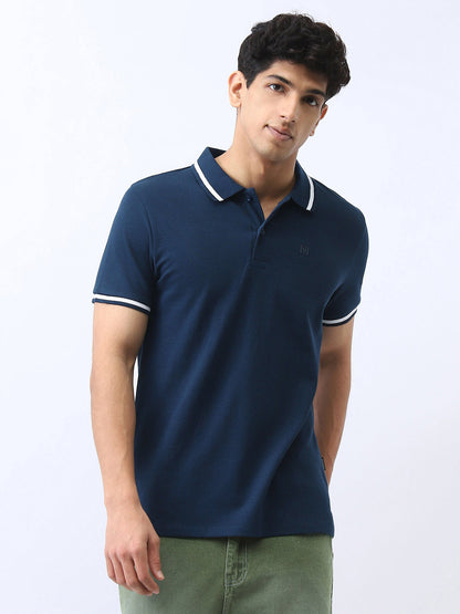 Men's Navy Solid Regular Fit Half Sleeve Cotton Polo T-Shirt