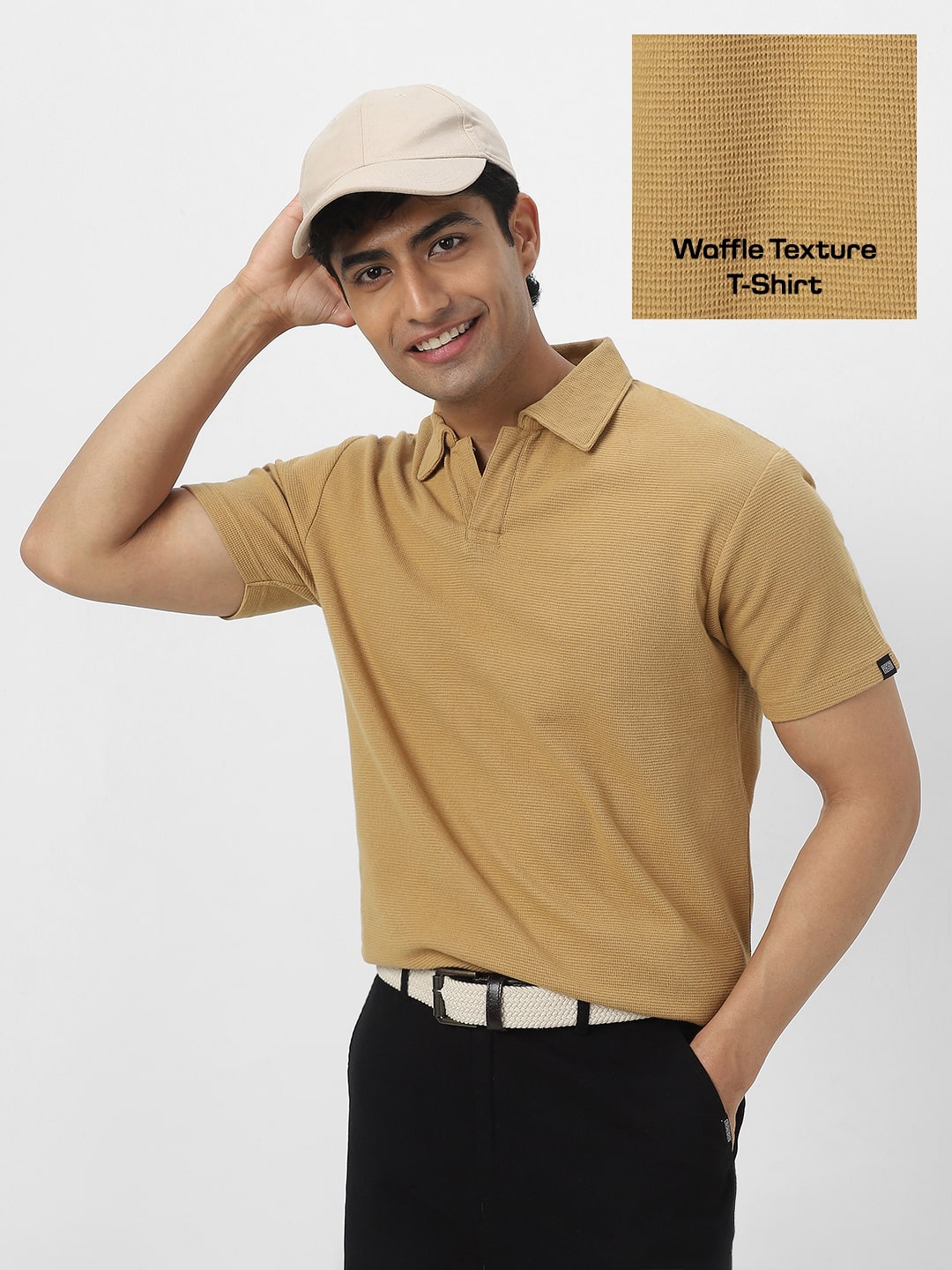 Men's Beige Textured Regular Fit Half Sleeve Cotton Polo T-Shirt