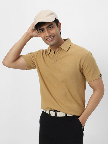 Men's Beige Textured Regular Fit Half Sleeve Cotton Polo T-Shirt