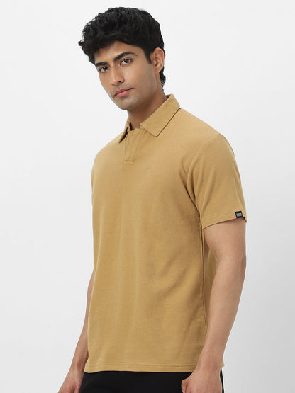 Men's Beige Textured Regular Fit Half Sleeve Cotton Polo T-Shirt