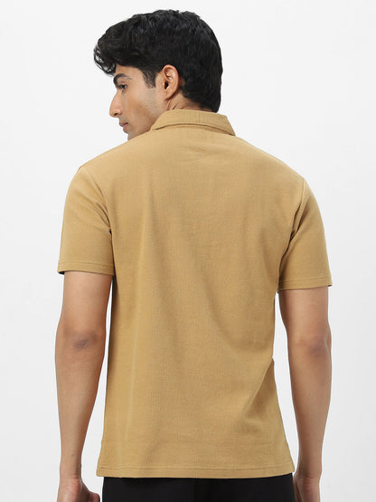 Men's Beige Textured Regular Fit Half Sleeve Cotton Polo T-Shirt