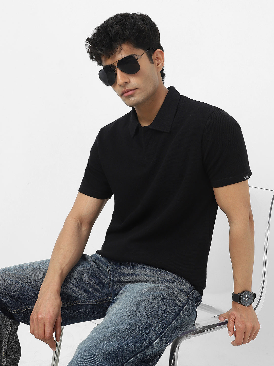 Men's Black Textured Regular Fit Half Sleeve Cotton Polo T-Shirt