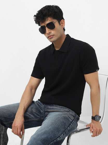 Men's Black Textured Regular Fit Half Sleeve Cotton Polo T-Shirt