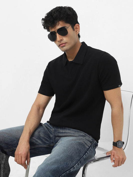 Men's Black Textured Regular Fit Half Sleeve Cotton Polo T-Shirt