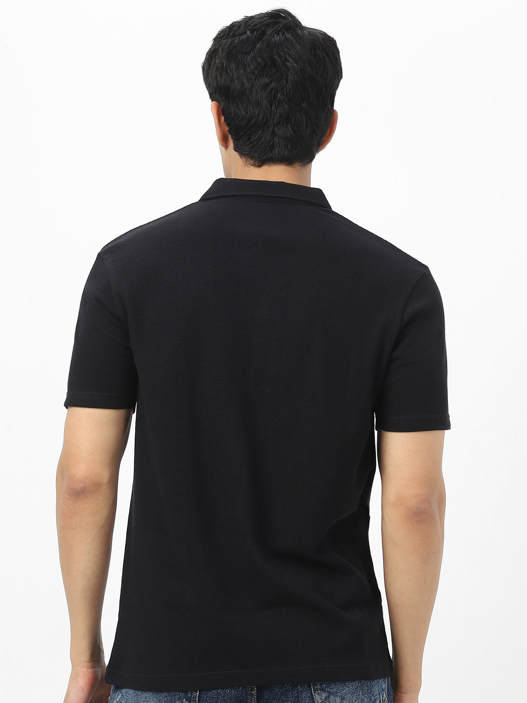 Men's Black Textured Regular Fit Half Sleeve Cotton Polo T-Shirt
