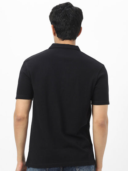 Men's Black Textured Regular Fit Half Sleeve Cotton Polo T-Shirt