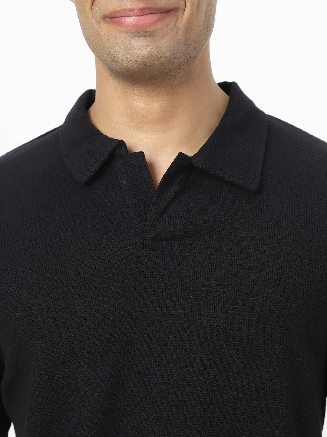 Men's Black Textured Regular Fit Half Sleeve Cotton Polo T-Shirt
