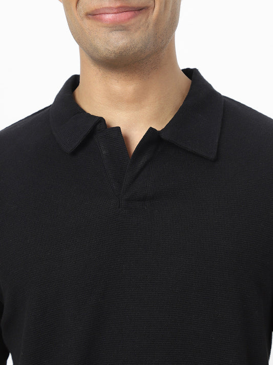 Men's Black Textured Regular Fit Half Sleeve Cotton Polo T-Shirt