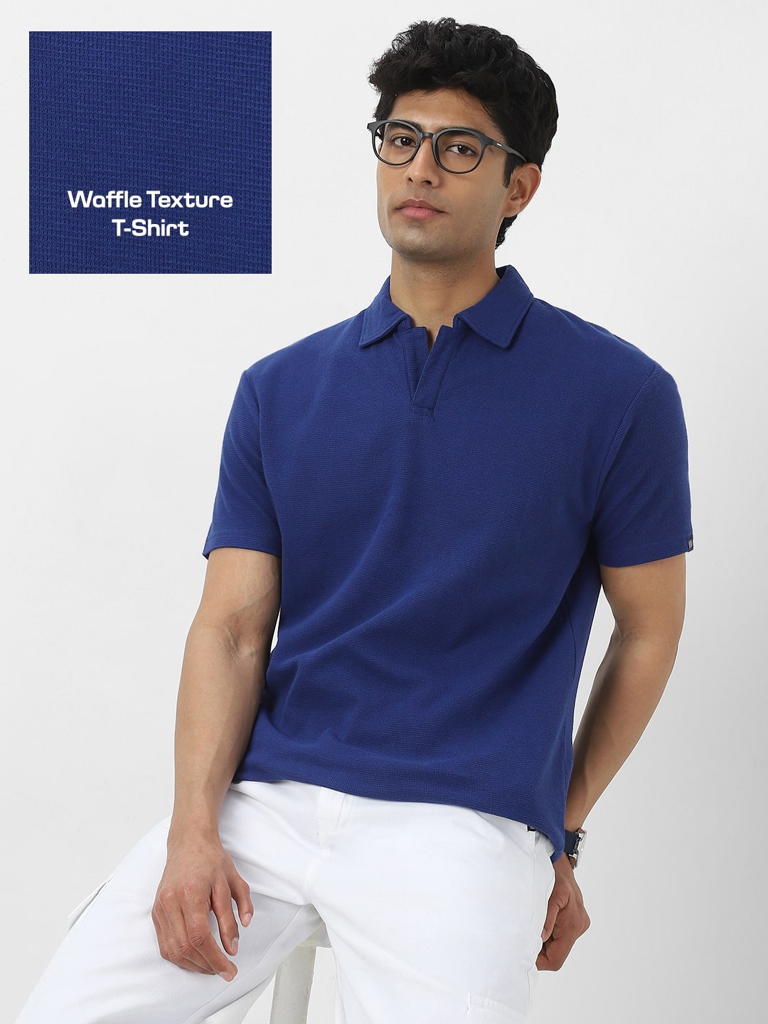 Men's Blue Textured Regular Fit Half Sleeve Cotton Polo T-Shirt