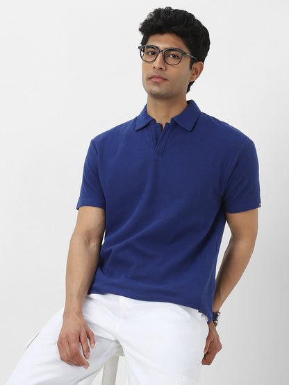 Men's Blue Textured Regular Fit Half Sleeve Cotton Polo T-Shirt