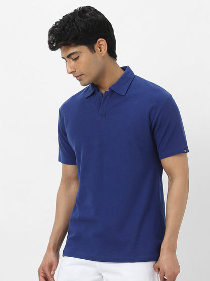 Men's Blue Textured Regular Fit Half Sleeve Cotton Polo T-Shirt