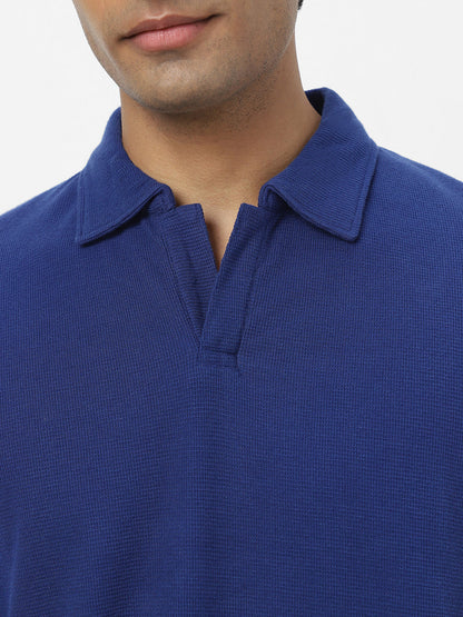 Men's Blue Textured Regular Fit Half Sleeve Cotton Polo T-Shirt