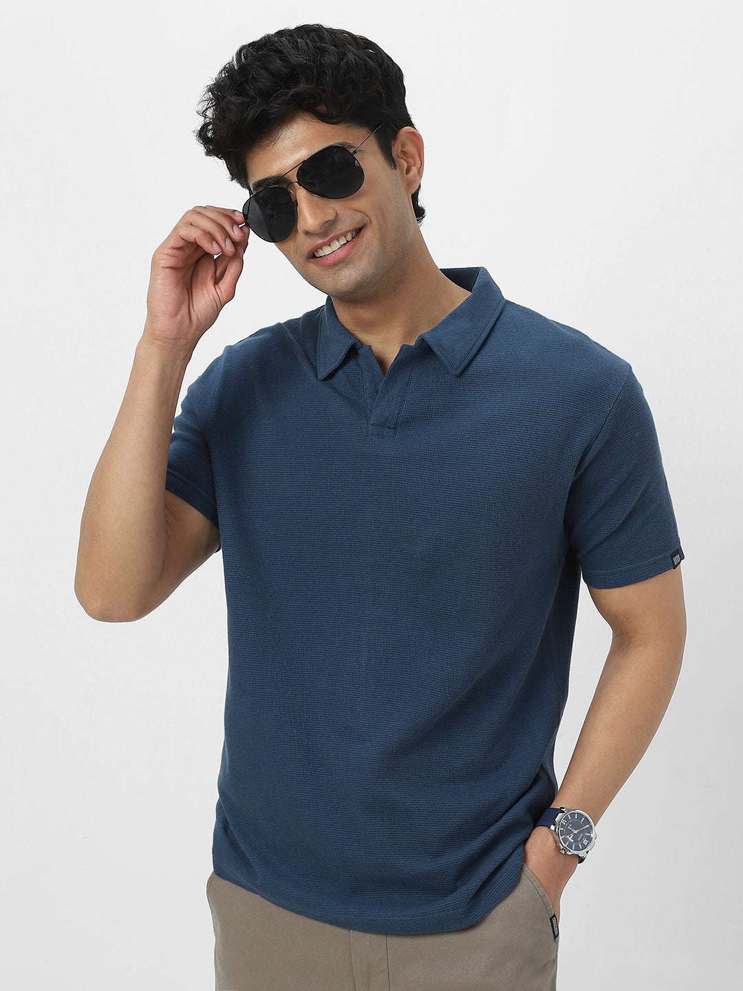 Men's Deep Navy Textured Regular Fit Half Sleeve Cotton Polo T-Shirt