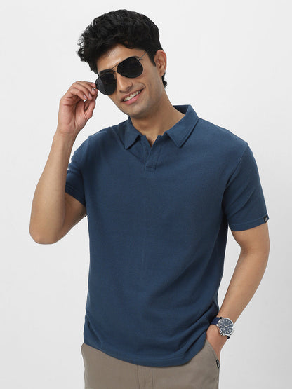 Men's Deep Navy Textured Regular Fit Half Sleeve Cotton Polo T-Shirt