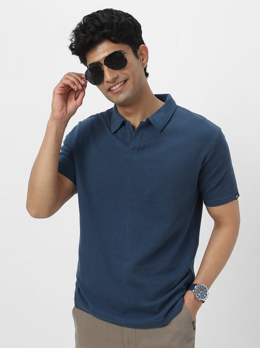 Men's Deep Navy Textured Regular Fit Half Sleeve Cotton Polo T-Shirt