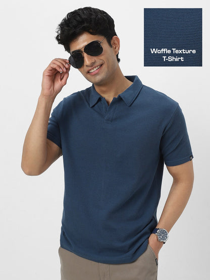 Men's Deep Navy Textured Regular Fit Half Sleeve Cotton Polo T-Shirt
