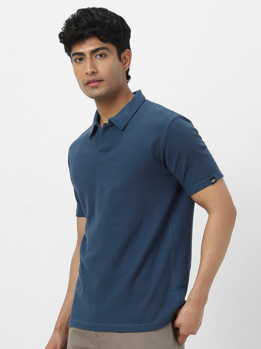 Men's Deep Navy Textured Regular Fit Half Sleeve Cotton Polo T-Shirt