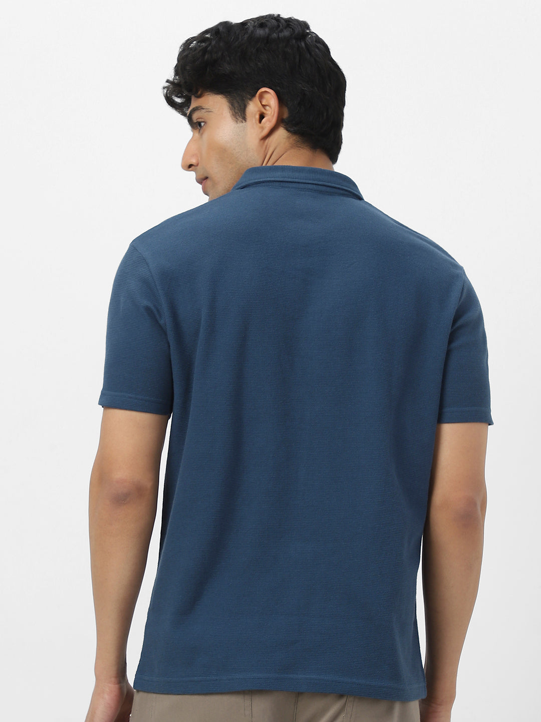 Men's Deep Navy Textured Regular Fit Half Sleeve Cotton Polo T-Shirt