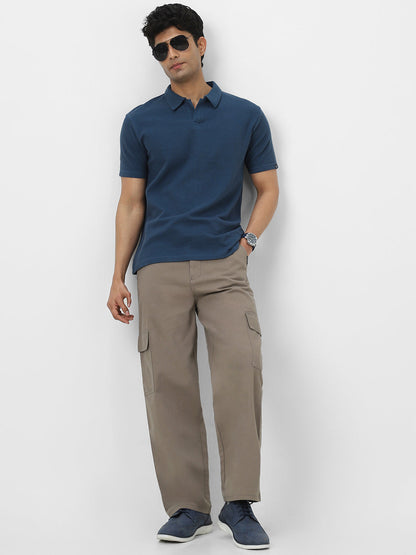 Men's Deep Navy Textured Regular Fit Half Sleeve Cotton Polo T-Shirt