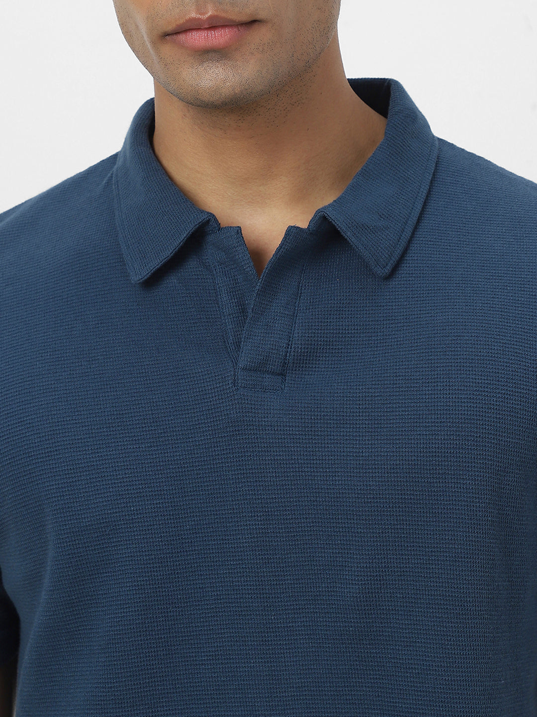 Men's Deep Navy Textured Regular Fit Half Sleeve Cotton Polo T-Shirt