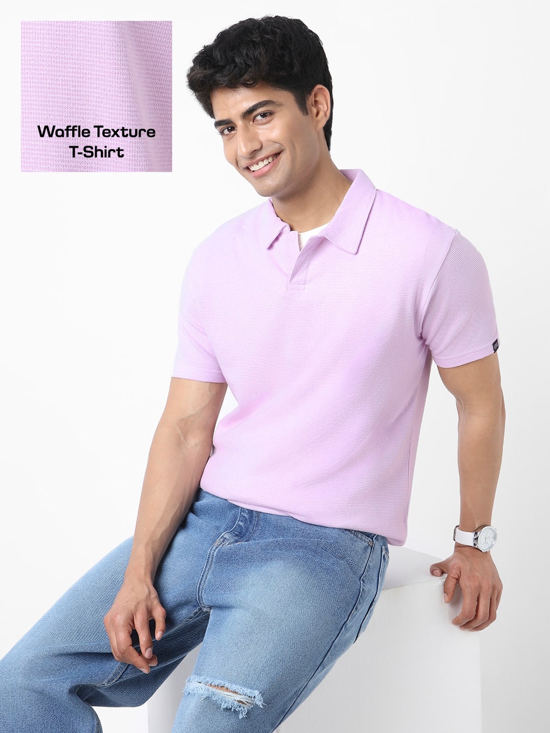 Men's Lilac Textured Regular Fit Half Sleeve Cotton Polo T-Shirt