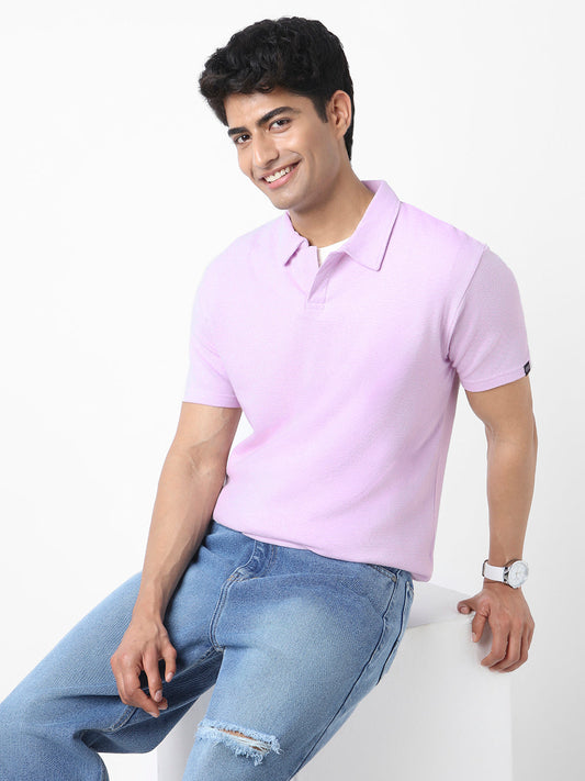 Men's Lilac Textured Regular Fit Half Sleeve Cotton Polo T-Shirt
