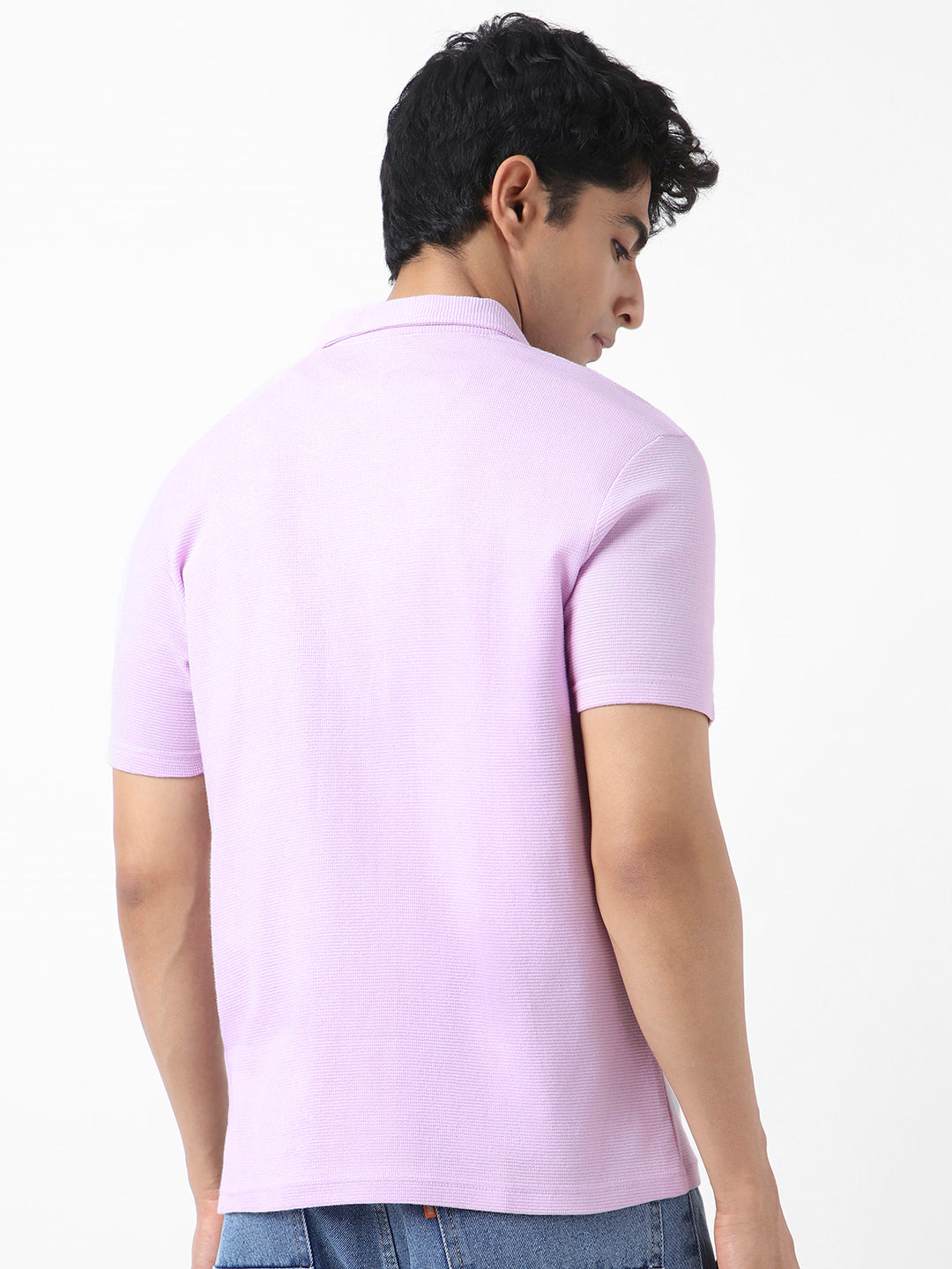 Men's Lilac Textured Regular Fit Half Sleeve Cotton Polo T-Shirt