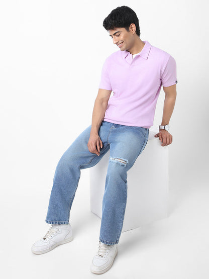 Men's Lilac Textured Regular Fit Half Sleeve Cotton Polo T-Shirt