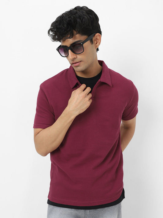 Men's Maroon Textured Regular Fit Half Sleeve Cotton Polo T-Shirt