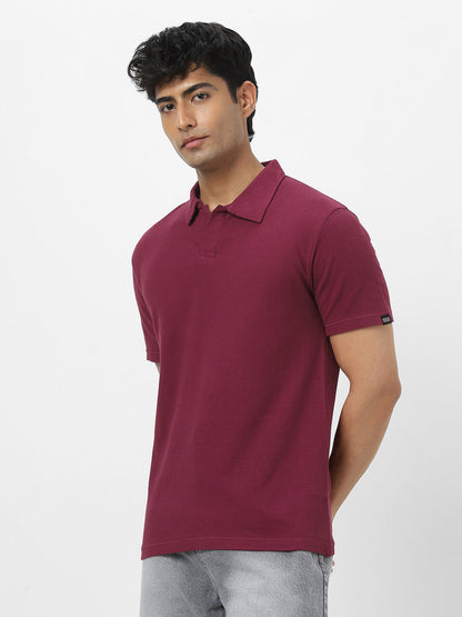 Men's Maroon Textured Regular Fit Half Sleeve Cotton Polo T-Shirt