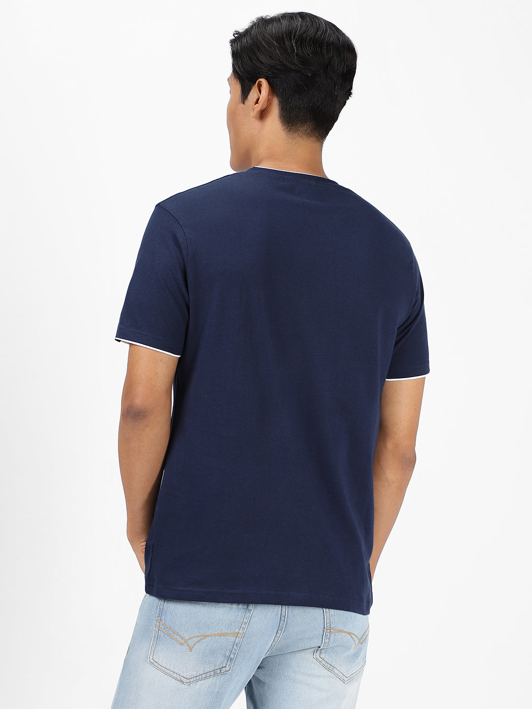 Men's Solid Navy Blue Round Neck Half Sleeve Slim Fit Cotton T-Shirt
