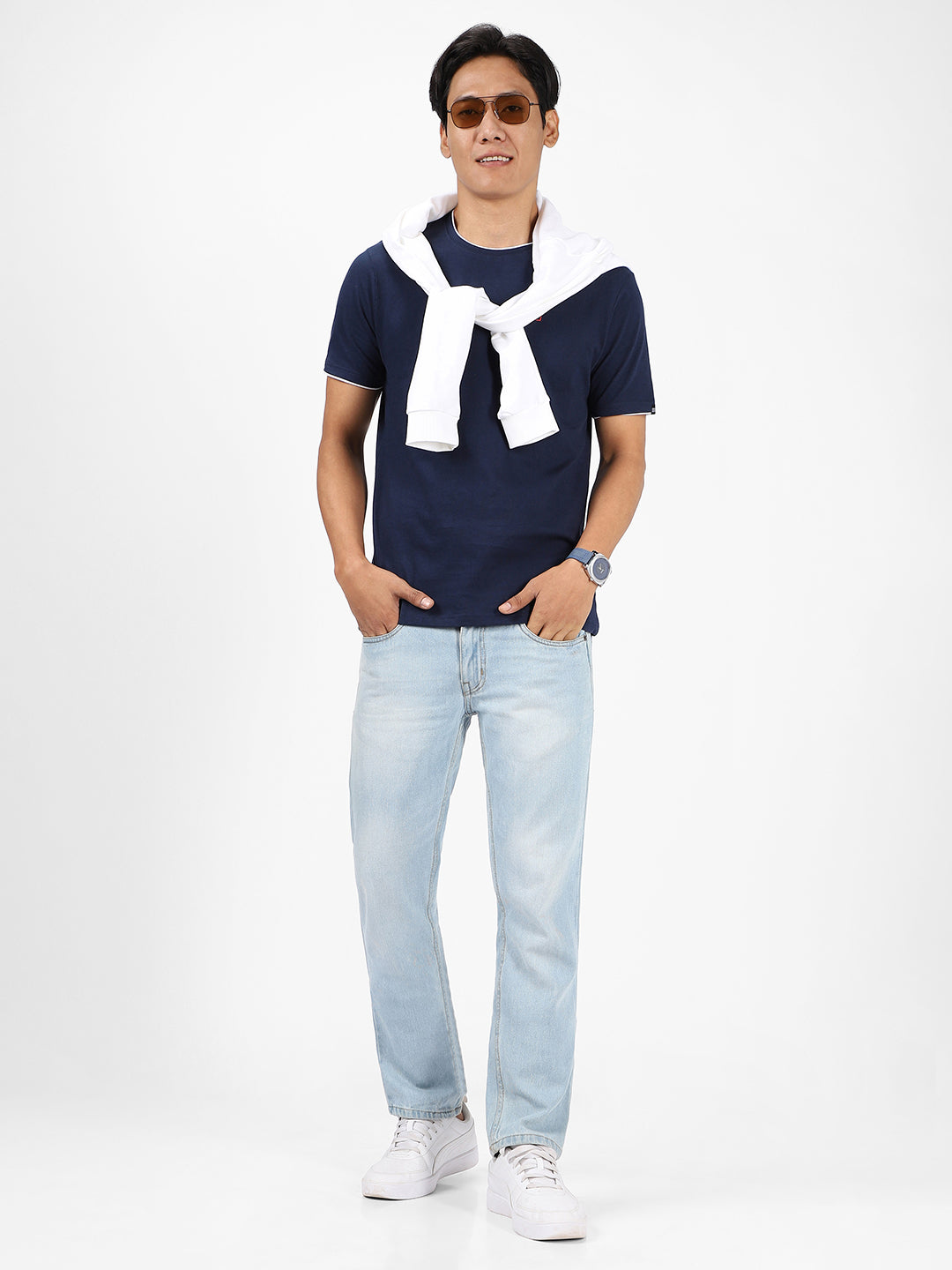 Men's Solid Navy Blue Round Neck Half Sleeve Slim Fit Cotton T-Shirt