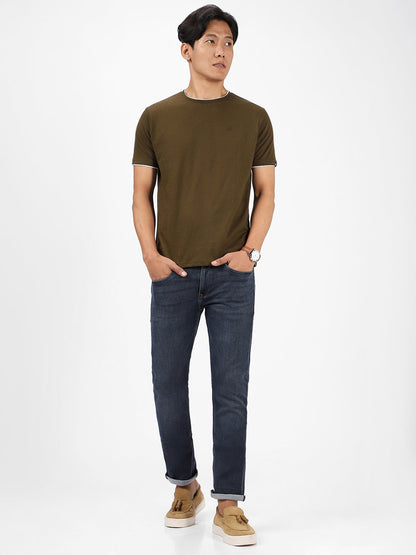 Men's Solid Olive Round Neck Half Sleeve Slim Fit Cotton T-Shirt