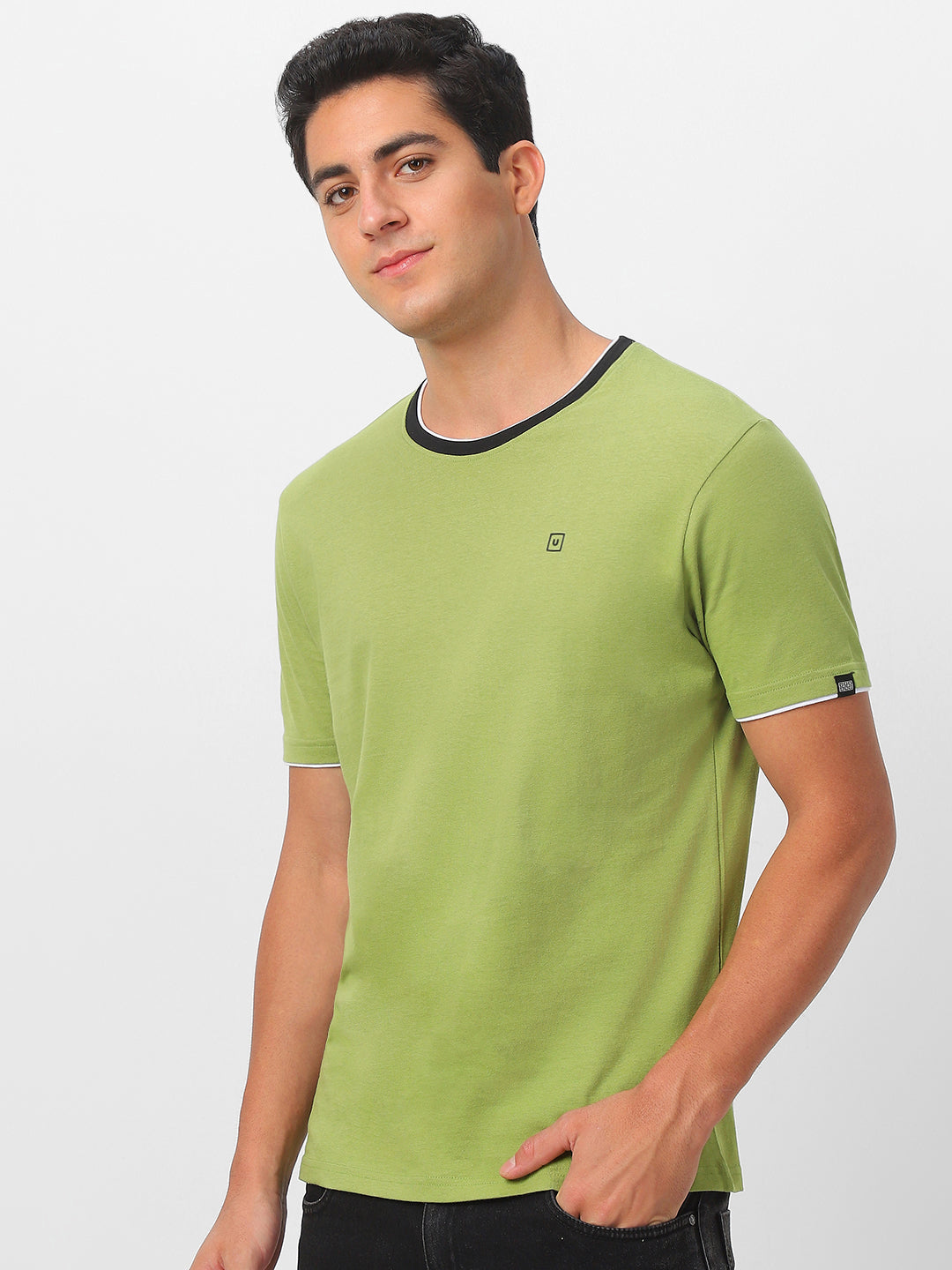 Men's Solid Olive Round Neck Half Sleeve Slim Fit Cotton T-Shirt