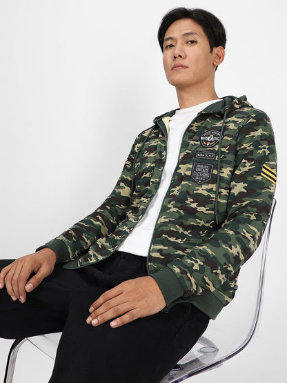 Men's Green Cotton Camouflage Printed Hooded Neck Sweatshirt