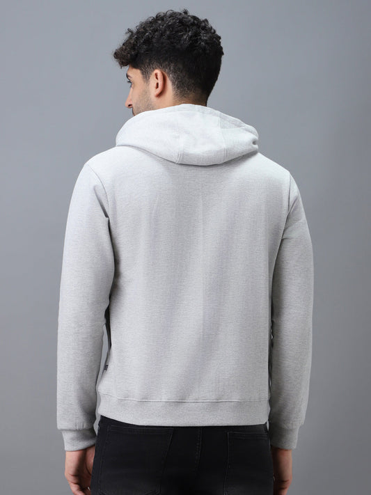 Men's Grey Cotton Solid Button Hooded Neck Sweatshirt