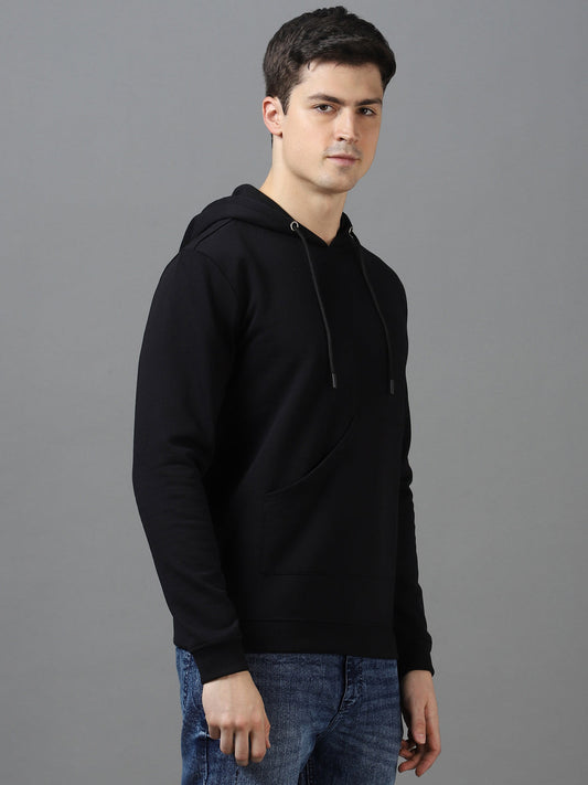 Men's Black Cotton Solid Hooded Neck Sweatshirt