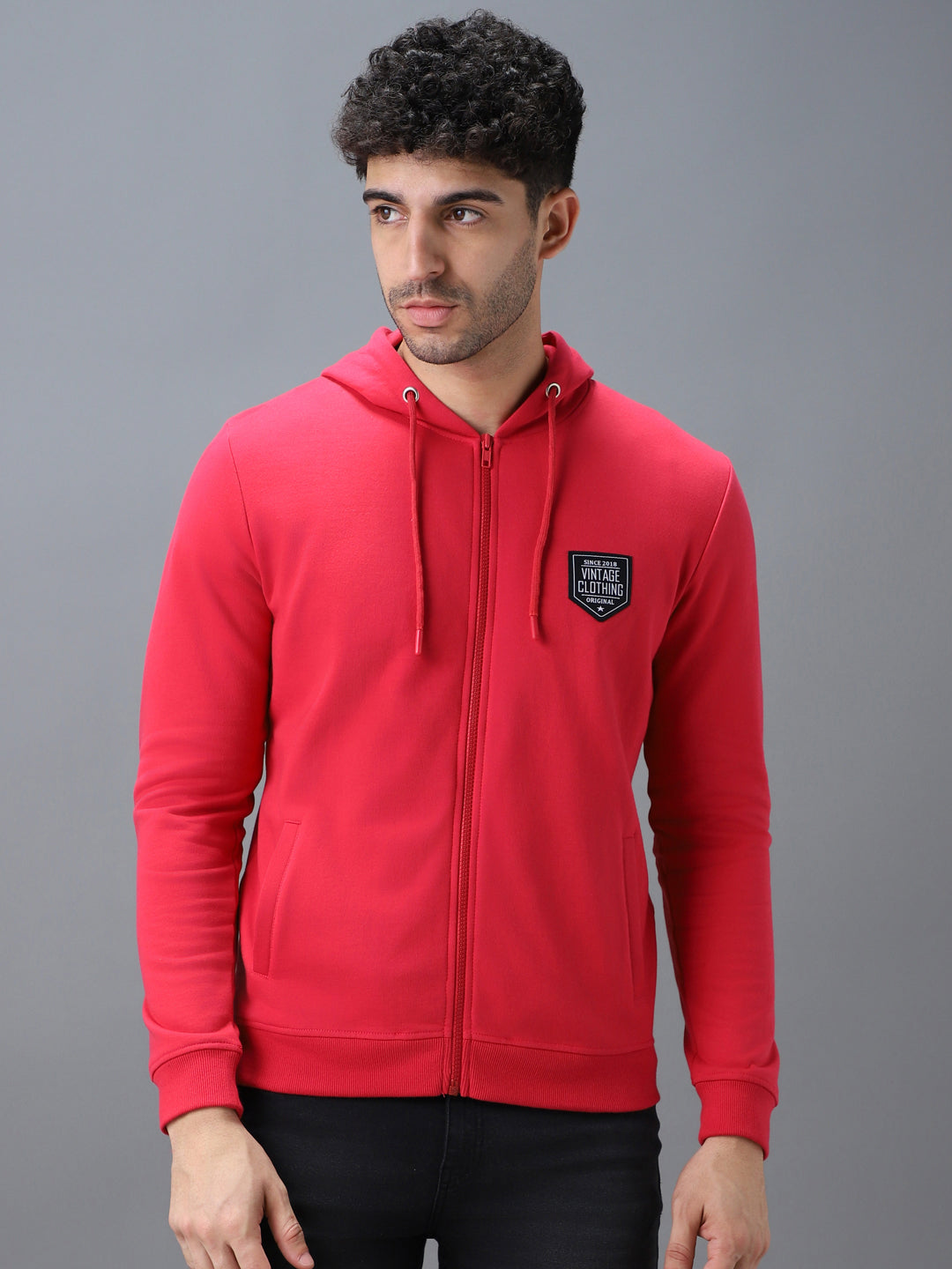 Men's Pink Cotton Solid Zippered Hooded Neck Sweatshirt