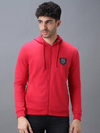Men's Pink Cotton Solid Zippered Hooded Neck Sweatshirt