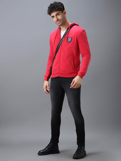 Men's Pink Cotton Solid Zippered Hooded Neck Sweatshirt